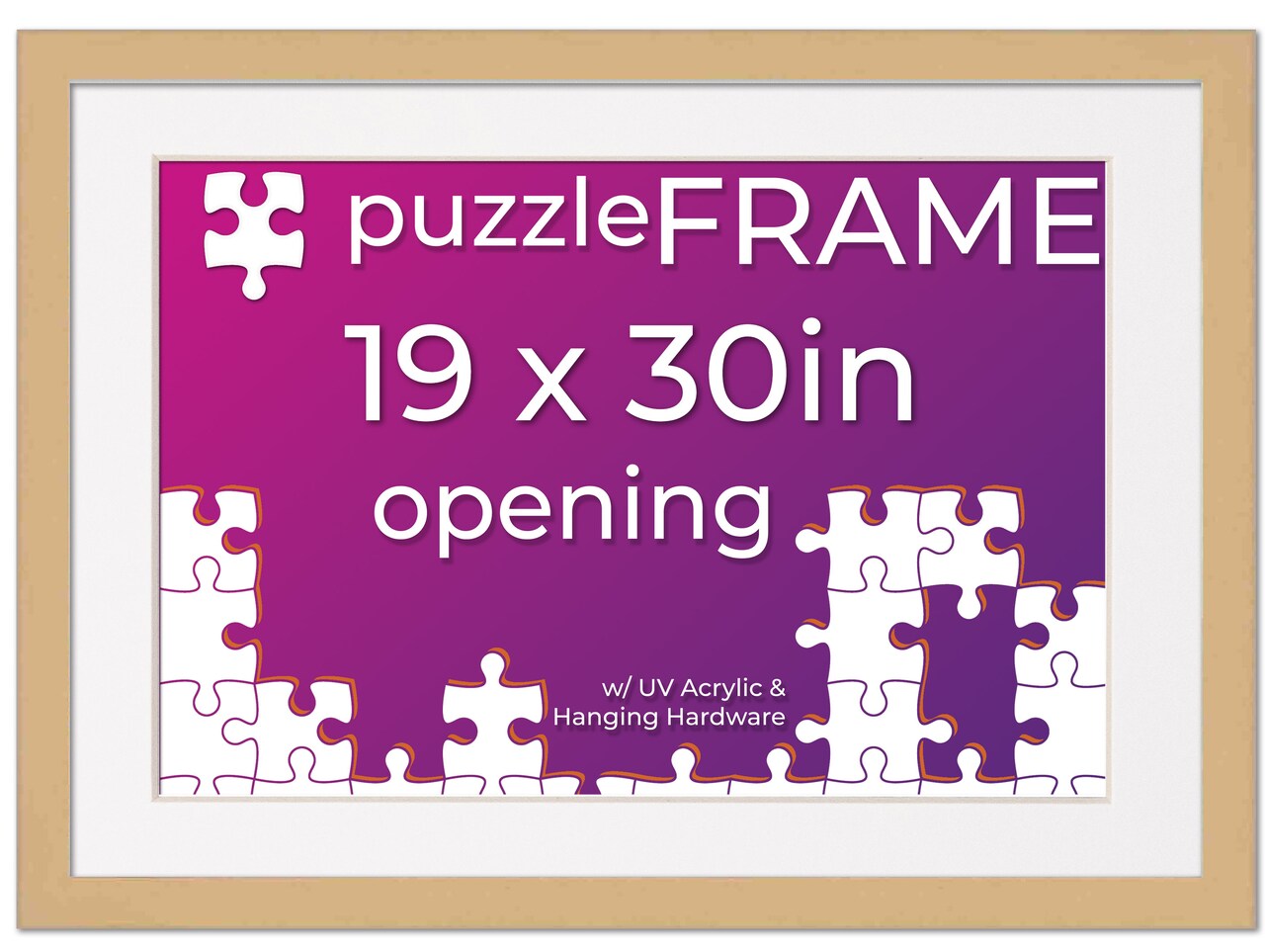Natural Wood Puzzle Frame Kit with Glue Sheets, White Mat, Backing, UV Acrylic - Available in 20 Popular Sizes